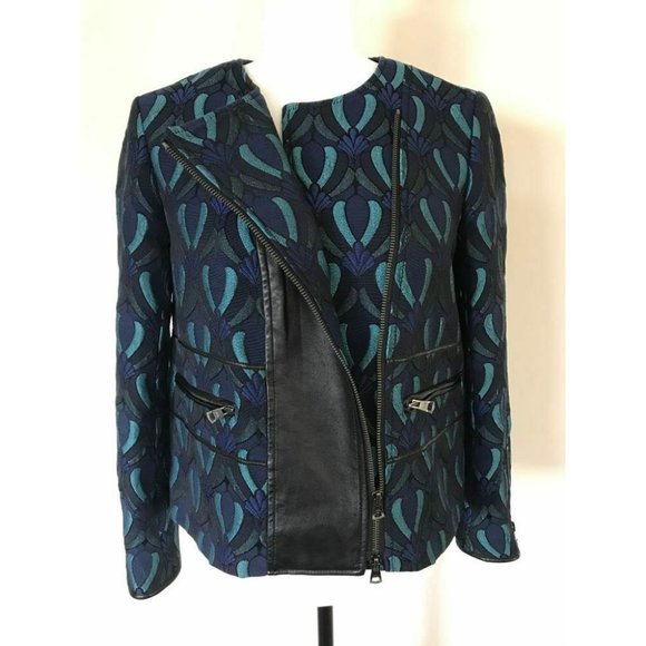 CLUB MONACO Moto Jacket Size 2 Lambskin Leather Detail Blue Jacquard Brocade - Picture 4 of 10